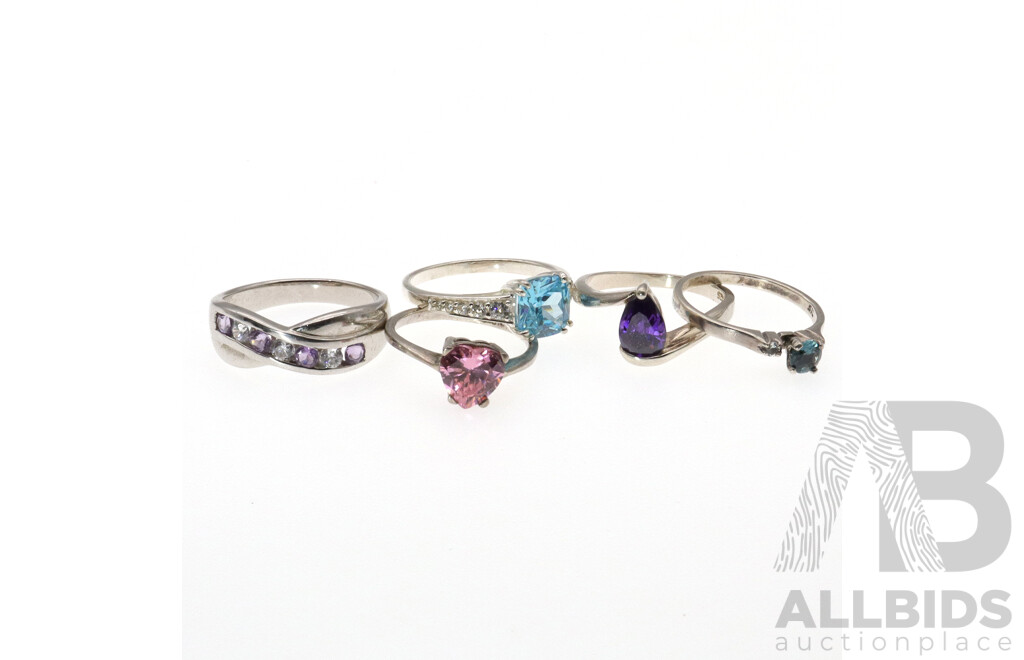 Sterling Silver (5) Ring Collection with Amethyst, Topaz and Coloured Cz Stones, 15.79 Grams