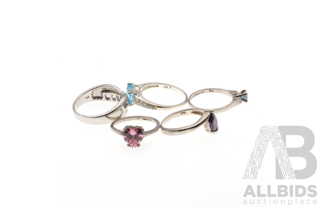 Sterling Silver (5) Ring Collection with Amethyst, Topaz and Coloured Cz Stones, 15.79 Grams