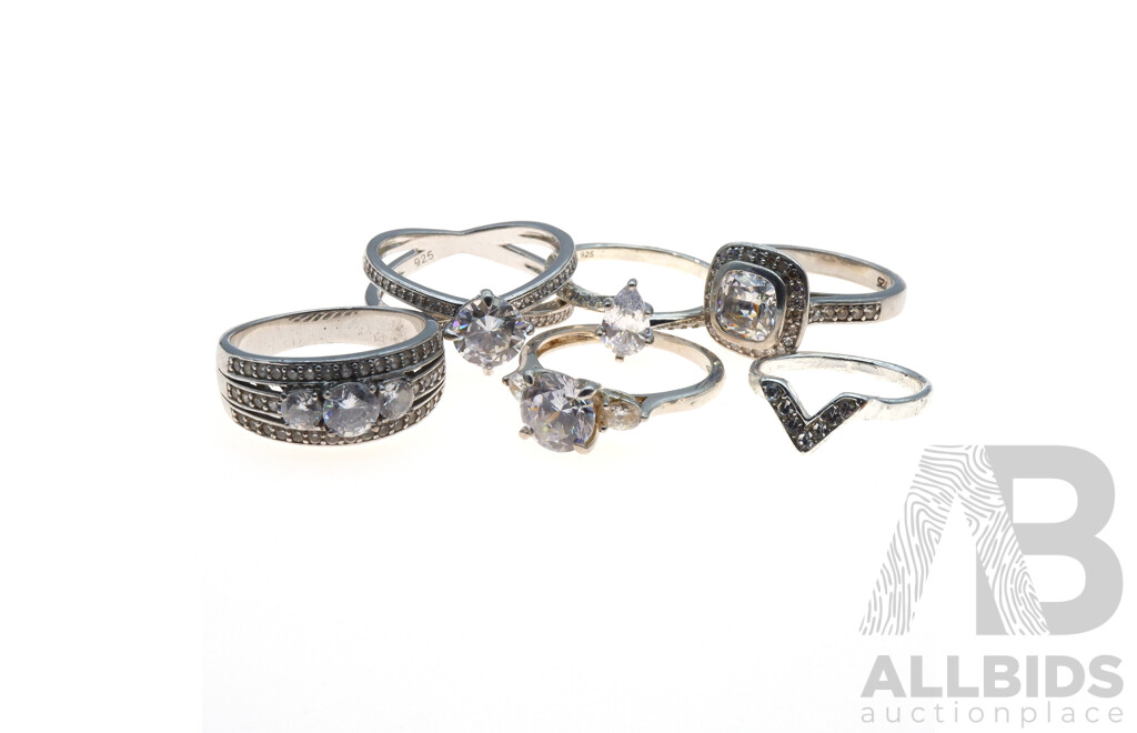 Sterling Silver (6) Ring Collection with CZ Stones for a Luxurious Look, 22.80 Grams