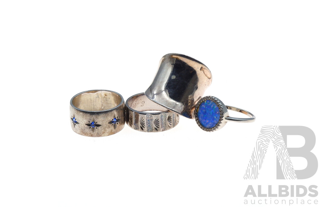 Sterling Silver (4) Ring Collection Including Scandia Blue Sapphire Wide Band Ring, 19.38 Grams