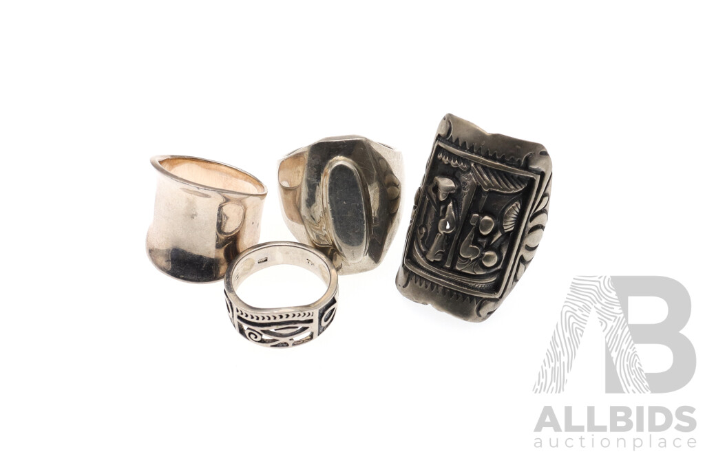 Sterling Silver (4) Ring Collection Including Solid Unisex Mexican Silver Stepped Design Ring, Size R1/2 Total Weight 37.88 Grams