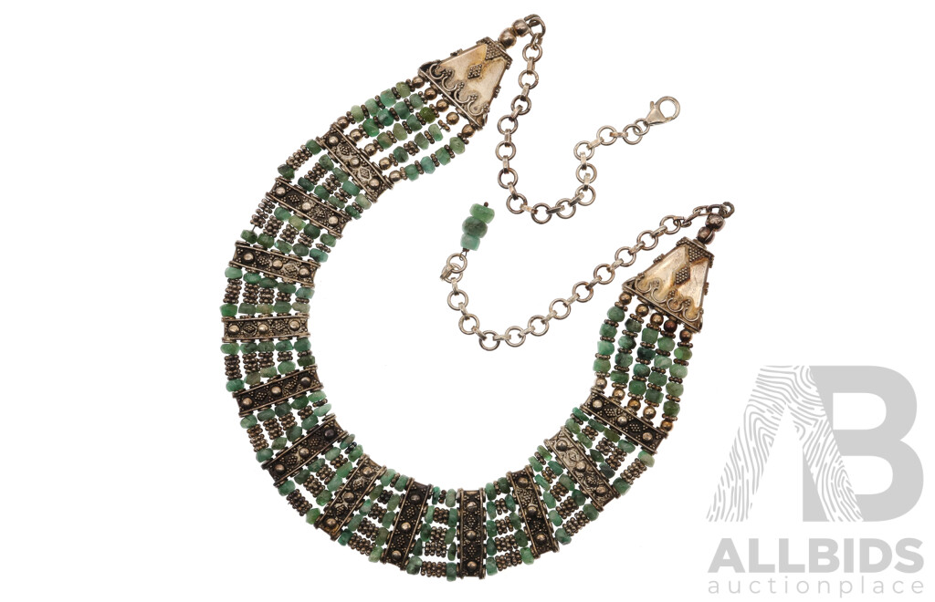 Sterling Silver Green Agate Tribal Style Collared Necklace, Measure Up to 50cm with Adjustable Chain, 68.47 Grams