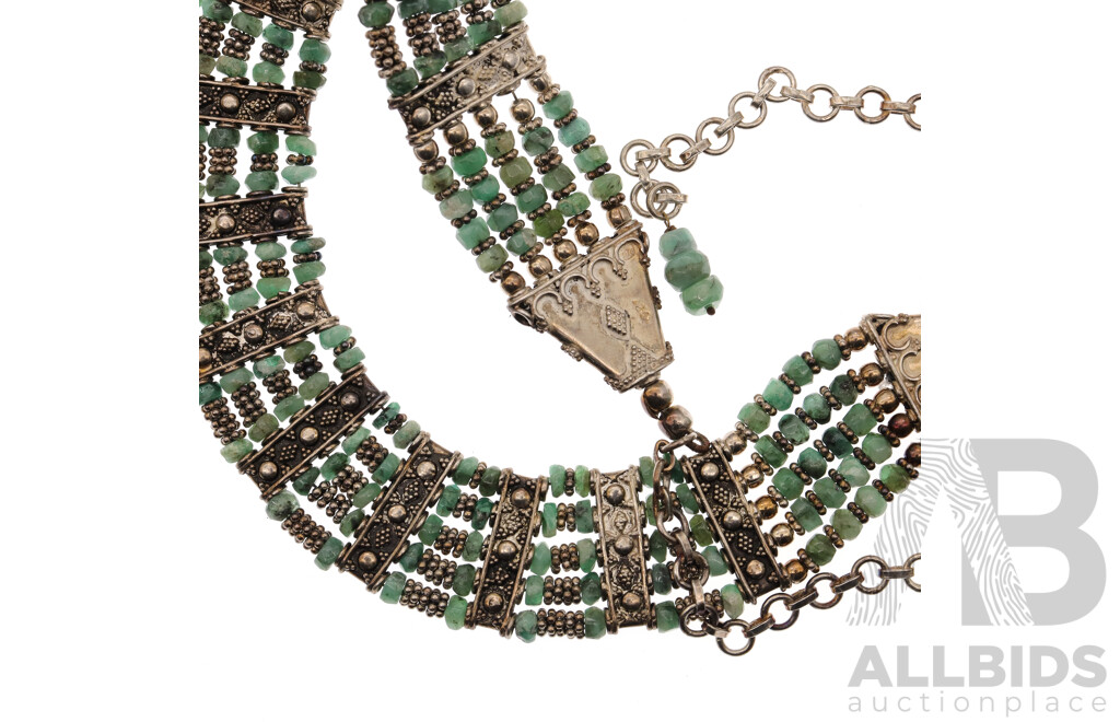 Sterling Silver Green Agate Tribal Style Collared Necklace, Measure Up to 50cm with Adjustable Chain, 68.47 Grams