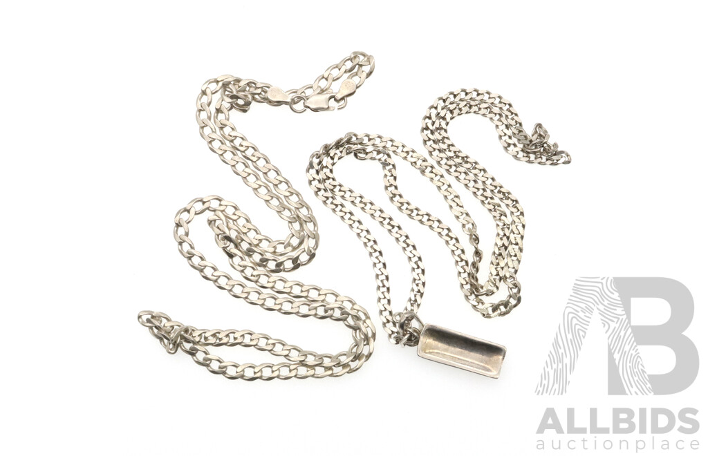 Sterling Silver (2) Flat Curb Link Chain with Silver Ignot, 50cm and Flat Curb Link Chain, 54cm, 31.84 Grams