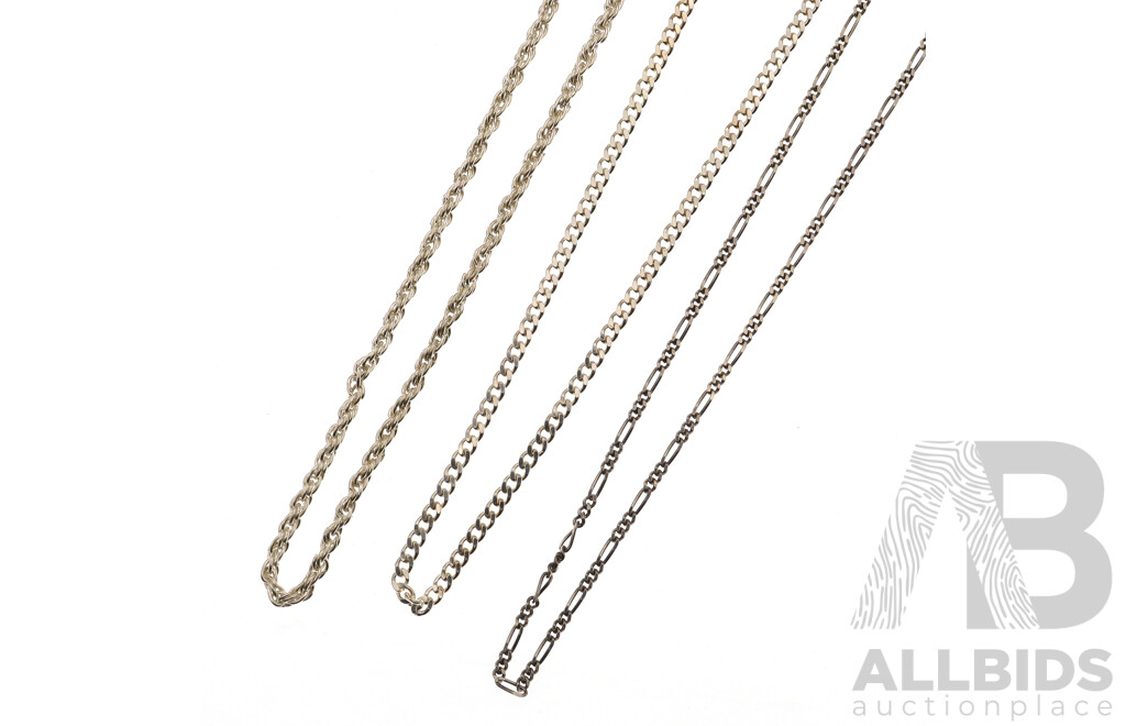 Sterling Silver (3) Chains Including Rope Link Chain, 60cm, Hallmarked 800, Total Weight 29.38 Grams