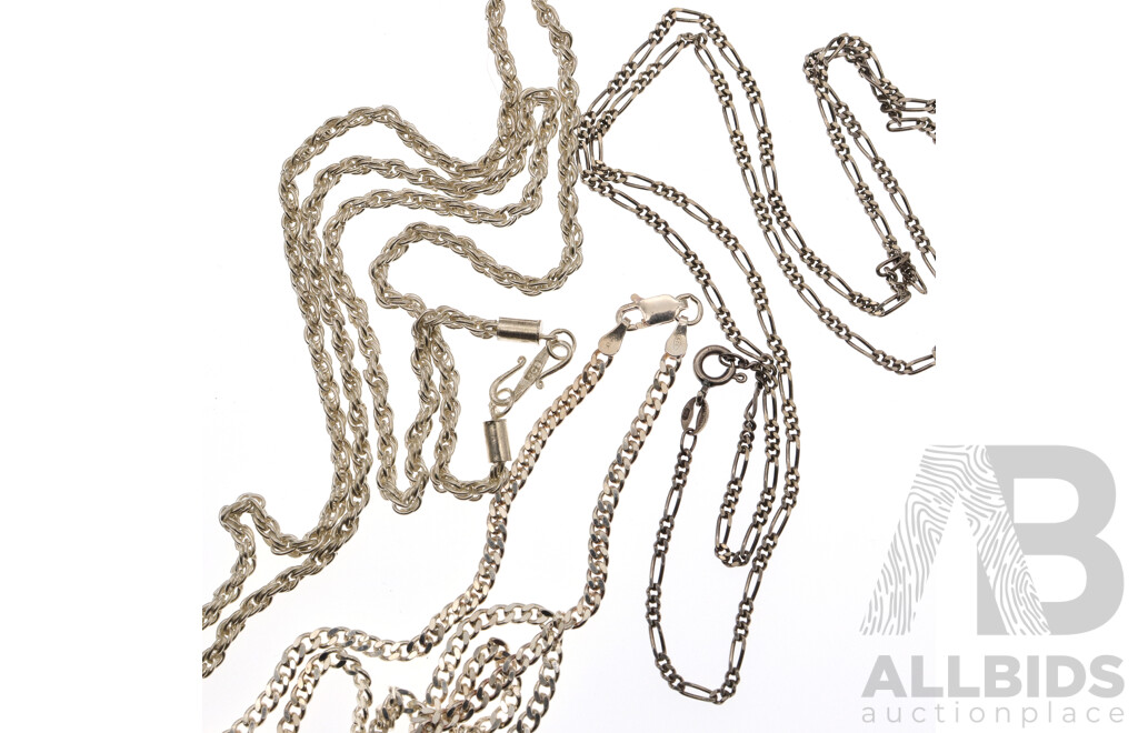 Sterling Silver (3) Chains Including Rope Link Chain, 60cm, Hallmarked 800, Total Weight 29.38 Grams