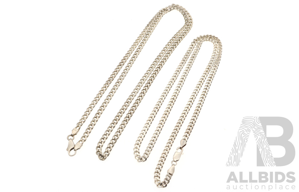 Sterling Silver (2) Flat Curb Link Necklaces, 45cm & 54cm, 29.97 Grams