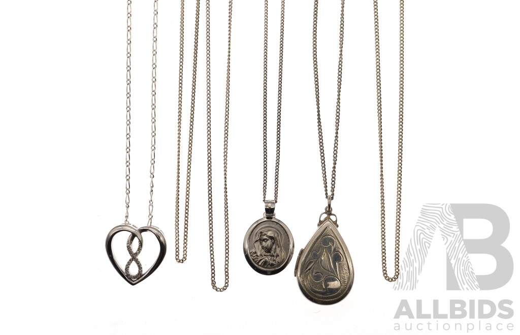 Sterling Silver Pendant & Chains Collection Including Vintage Pear Shaped Locket, Total Weight 25.75 Grams