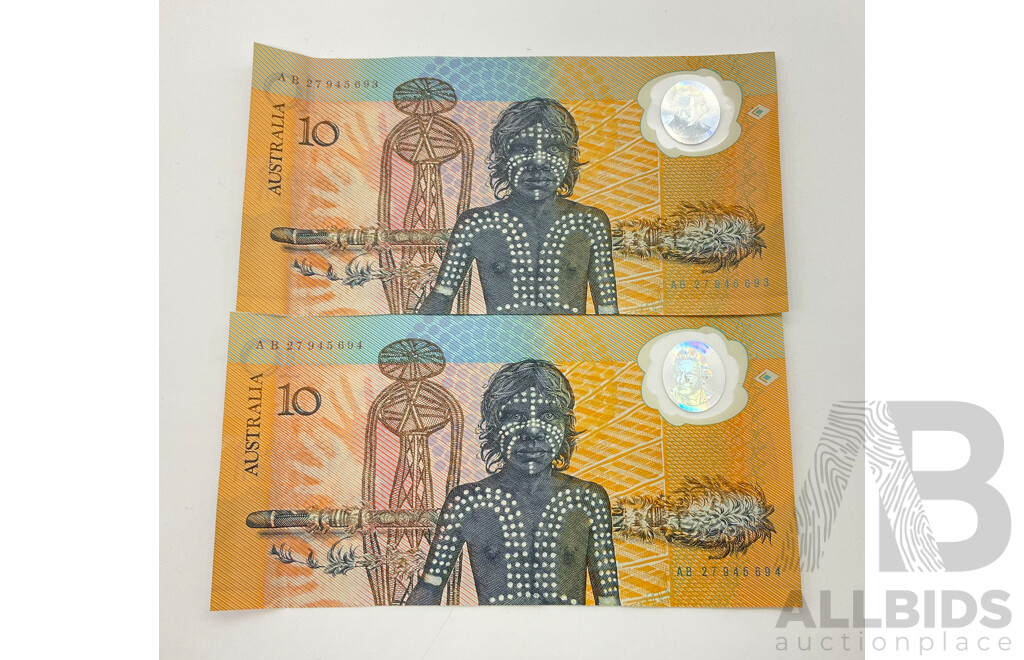 Two Consecutive Australian 1988 Commemorative Ten Dollar Notes, AB 27945693 - AB 27945694