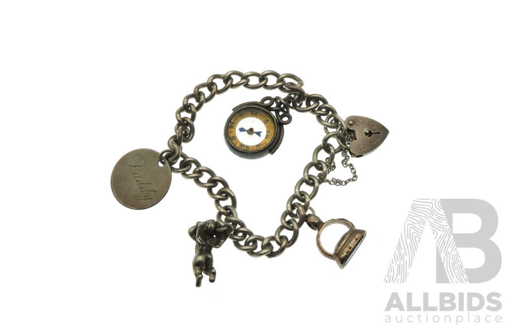 Vintage Sterling Silver Curb Link Padlock Charm Bracelet, 18cm with (4) Sterling Silver Charms, 32.06 Grams