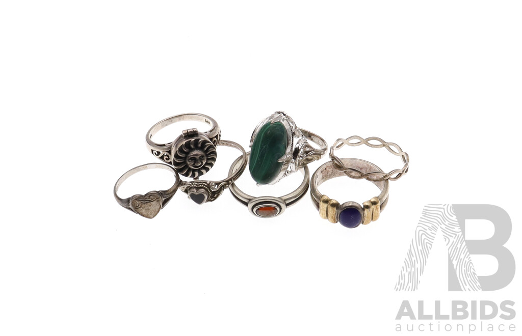 Vintage Sterling Silver Snuff Ring with (6) Other Sterling Silver Rings Including Malachite, LaLapis and Onyx, 24.29 Grams