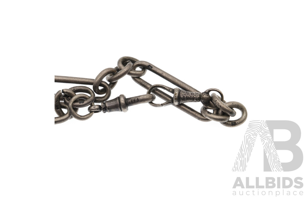 Antique London 1878 Hallmarked Sterling Silver Fob Chain with Double Albert Swivel Clasps, 35cm, 33.81 Grams