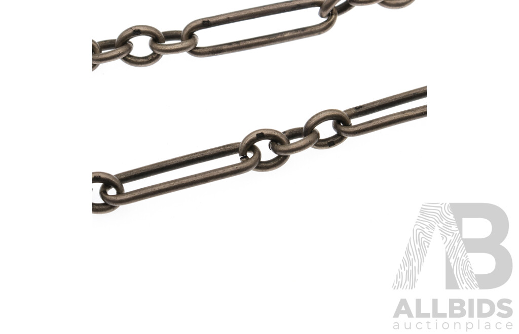 Antique London 1878 Hallmarked Sterling Silver Fob Chain with Double Albert Swivel Clasps, 35cm, 33.81 Grams