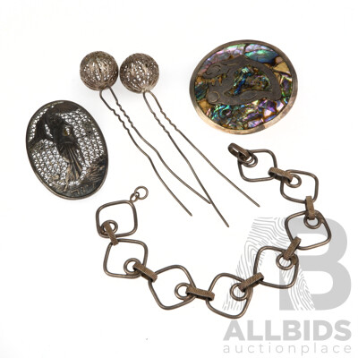 Vintage (2) Sterling Silver Filigree Hair Pins with Vintage Brooches and Bracelet, Including Filigree Brooch with Lady Made in Palestine, 36.24 Grams