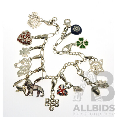 Sterling Silver Charm Bracelet with (12) Removable Style Sterling Silver Charms with Enamel, 27.80 Grams