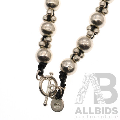 Najo Sterling Silver Beaded Necklace on Leather with T-Bar Toggle Clasp and Najo Hallmarked Charm, 80.0 Grams