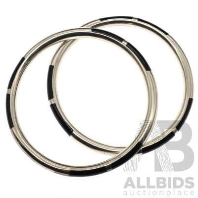 Sterling Silver Onyx Inlaid (2) Bangles, 66mm Diameter Each, 43.0grams