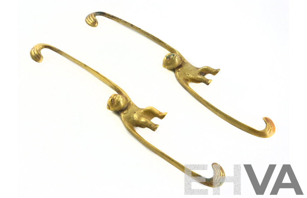 Two Vintage Brass Monkey Hooks