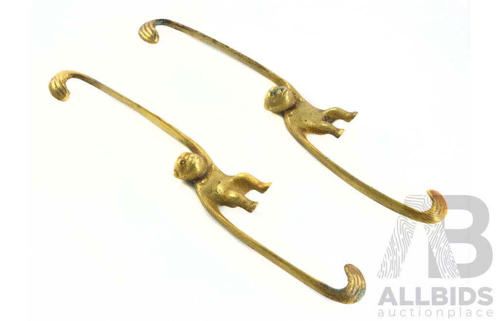 Two Vintage Brass Monkey Hooks