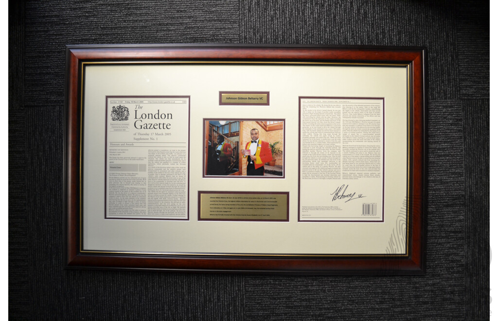 L97 - Signed, Framed London Gazette Notice of Award, Johnson Gideon Beharry VC