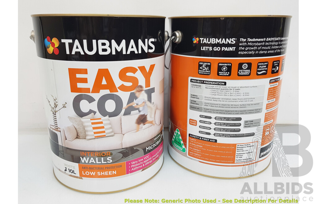 TAUBMANS Easy Coat Low Sheen White for Interior Walls 10L - Lot of 2