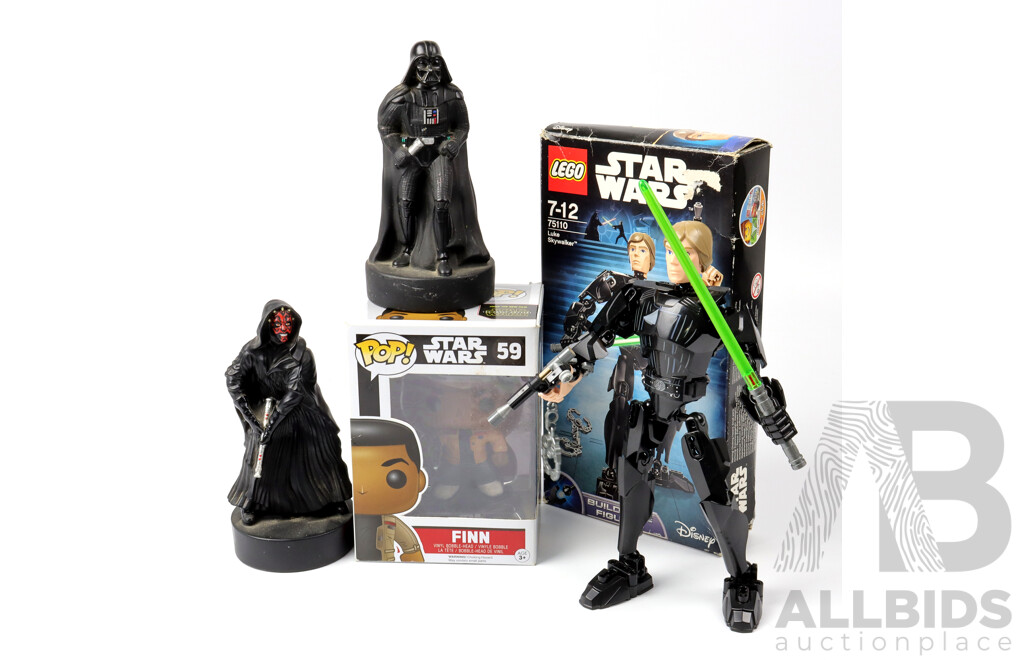 Collection Star Wars Related Pieces Including Lego Set Luke Skywalker 75110, Finn Pop Head in Box and Darth Vader and Darth Maul Plastic Figures