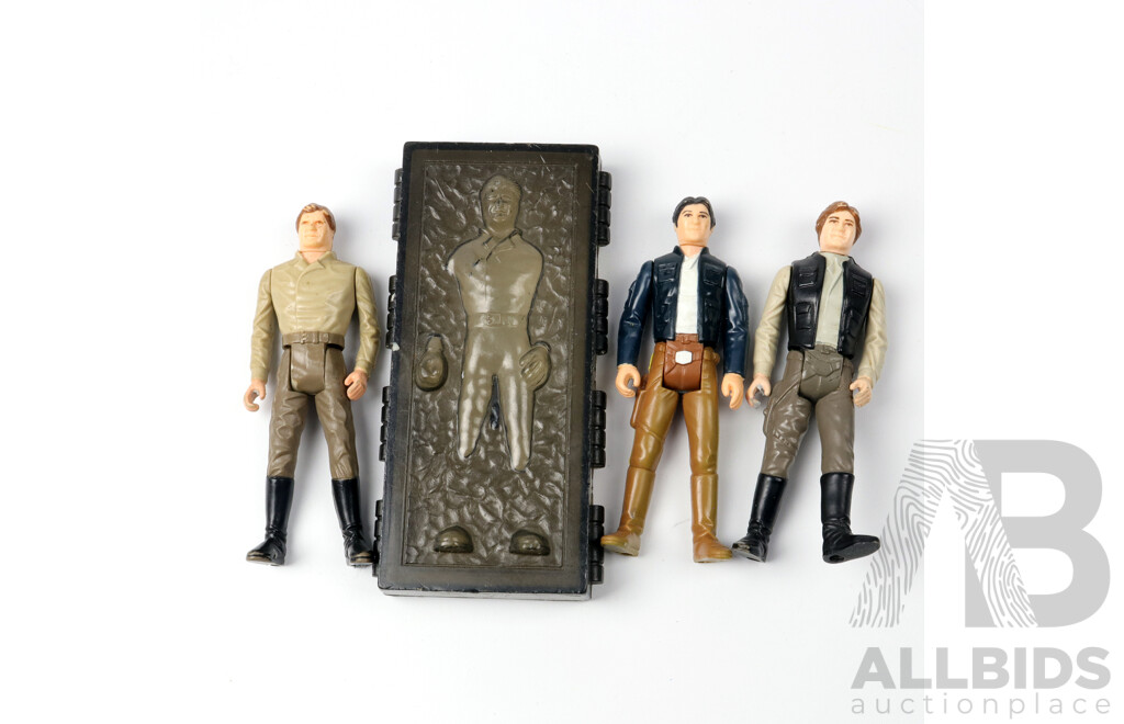 Collection Vintage Star Wars Figures Comprising  Hand Solo Bespin Outfit 1980, Han Solo 1984, Han Solo in Carbonite 1984