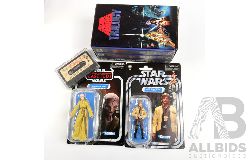 Collection Vintage Star Wars Items Including Original Star War Three Title Set VHS Tapes, Return of the Jedi on Casette & Two Kenner Figures Re Taped on Card