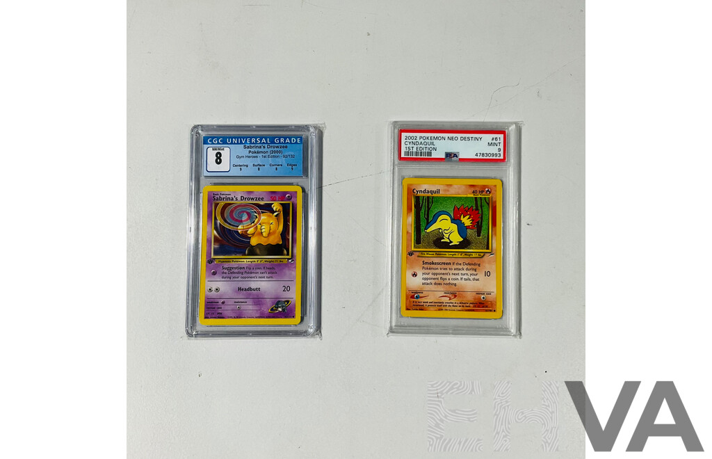 Pokemon TCG 2002 Neo Destiny 1st Edition Cyndaquil #61/105 - PSA 9 and Pokémon TCG 2000 Gym Heroes 1st Edition Sabrina’s Drowzee #92/132 - PSA 8