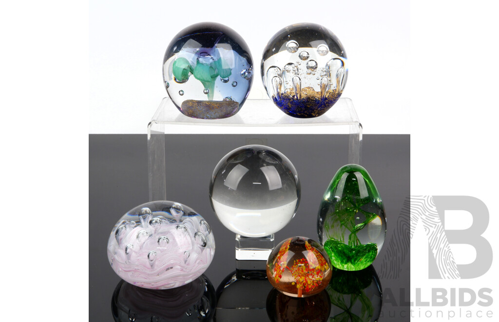 Collection Heavy Glass Paperweights with Various Internal Detail Including Crystal Glass Ball on Glass Stand