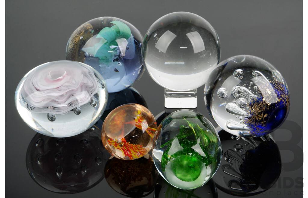 Collection Heavy Glass Paperweights with Various Internal Detail Including Crystal Glass Ball on Glass Stand