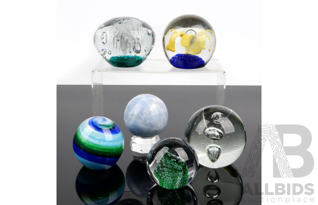 Collection Heavy Glass and Other Paperweights with Various Internal Detail Including Polished Stone Sphere on Stand, Smaller Krosno Example and More