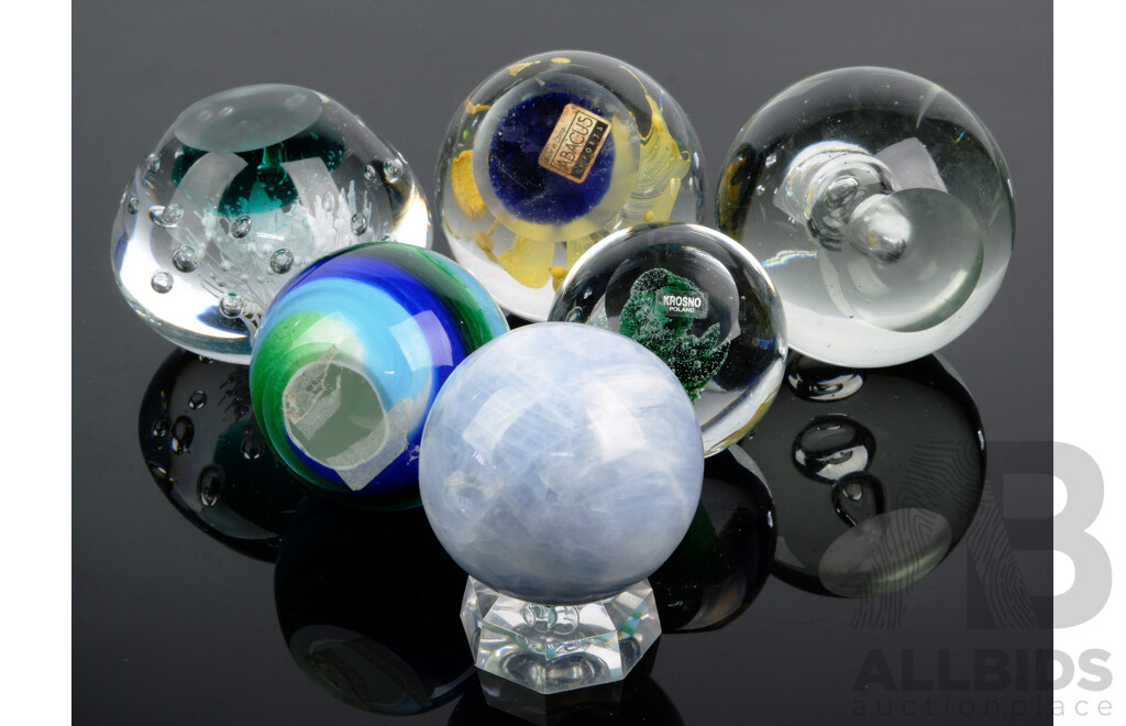 Collection Heavy Glass and Other Paperweights with Various Internal Detail Including Polished Stone Sphere on Stand, Smaller Krosno Example and More