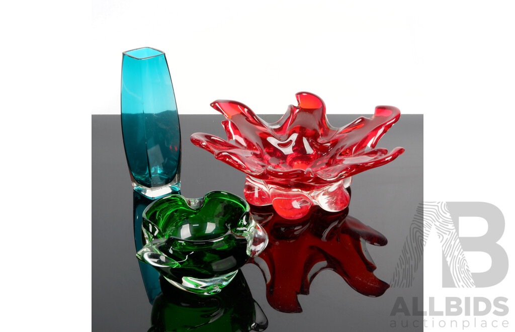 Collection Three  Mid Century Glass Pieces of Organic Form Including Red Six Point Star Form Example and More