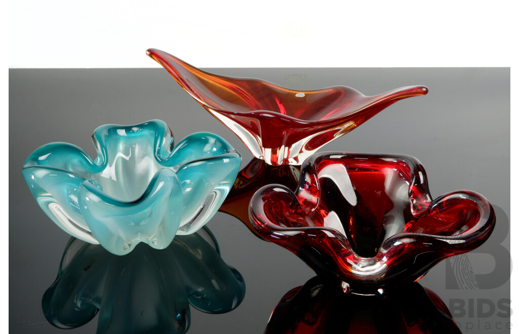 Collection Three Mid Century Glass Pieces of Organic Form Including Red Lips Form Example and More