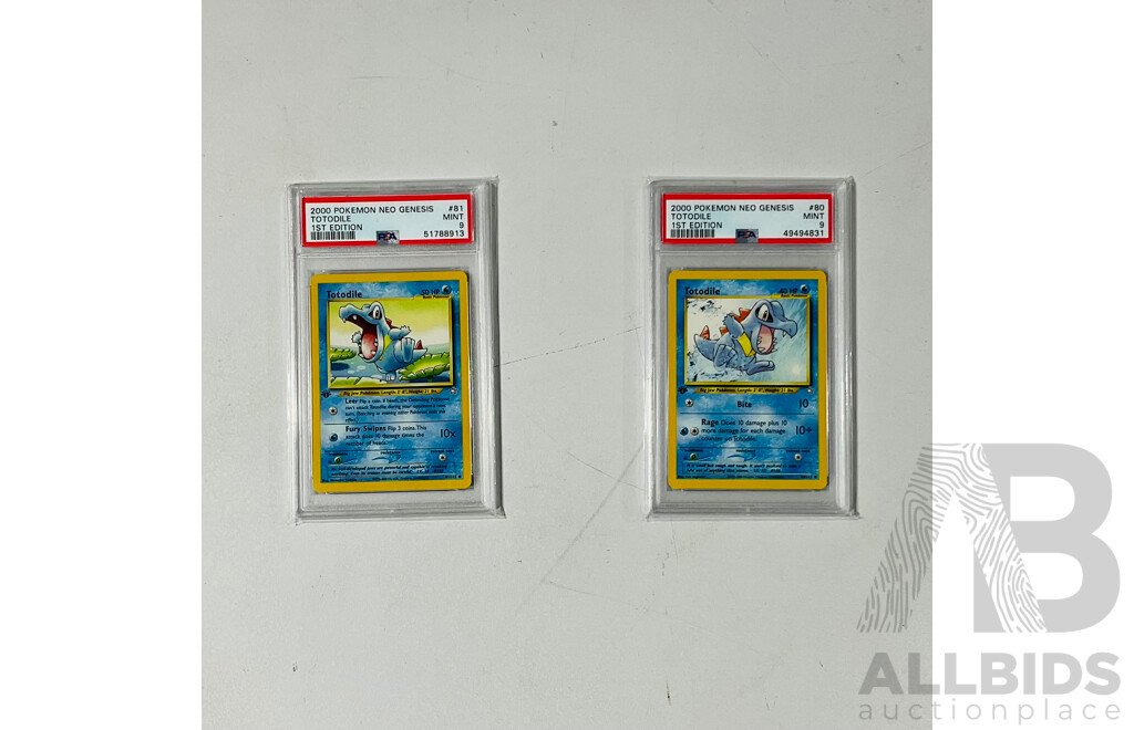 Pokémon TCG 1999 Neo Genesis 1st Edition Totodile #80/111 - PSA 9 and Neo Genesis 1st Edition Totodile #81/111 - PSA 9