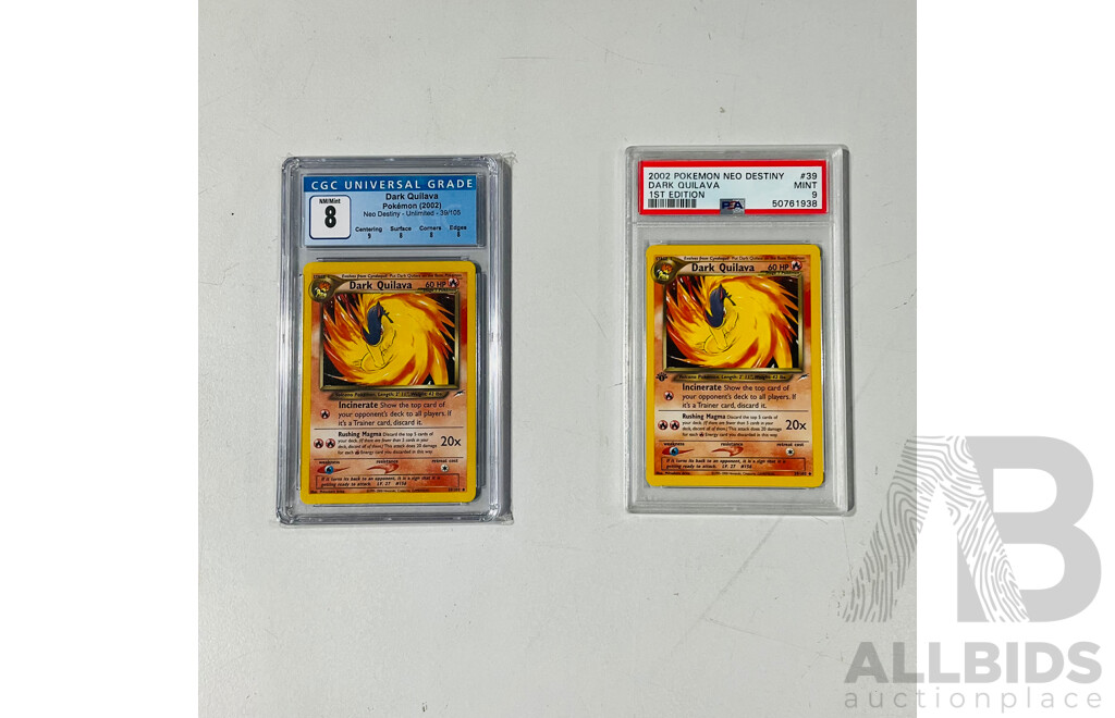 Pokémon TCG 1999 Neo Destiny 1st Edition Dark Quilava #39/105 - PSA 9 and Neo Destiny Dark Quilava #39/105 - PSA 8