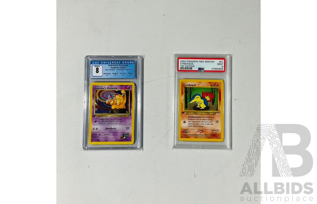 Pokemon TCG 2002 Neo Destiny 1st Edition Cyndaquil #61/105 - PSA 9 and Pokémon TCG 2000 Gym Heroes 1st Edition Sabrina’s Drowzee #92/132 - PSA 8