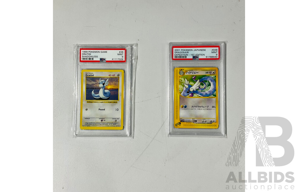 Pokémon TCG 1999 Dratini Shadowless #26/102 - PSA 9 and Pokémon TCG 2001 1st Edition Japanese Dragonair Expedition #48/128 - PSA 9