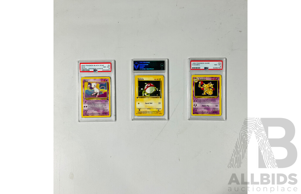 Pokémon TCG Black Star Pokémon League Promo Mew #8 - PSA 8, 1999 Kadabra #32/102 - PSA 8 and 1st Edition Team Rocket Voltorb #69/82 - PSA 9