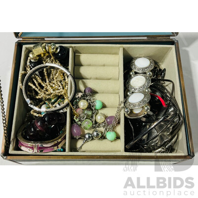 Vintage Mirrored Jewellery Box Filled with Large Collection of Sterling Silver and Costume Jewellery Items