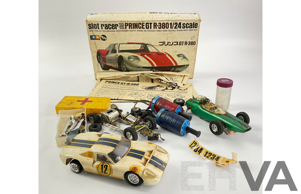 Rare Tamiya Prince GTR-380 1/24 Scale Slot Car with 1960's Formular One and Spare Chassis, Includes Vintage Hand Controllers, Spare Crown Gears, Wheels Etc