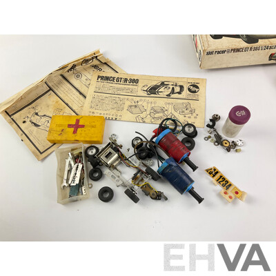 Rare Tamiya Prince GTR-380 1/24 Scale Slot Car with 1960's Formular One and Spare Chassis, Includes Vintage Hand Controllers, Spare Crown Gears, Wheels Etc