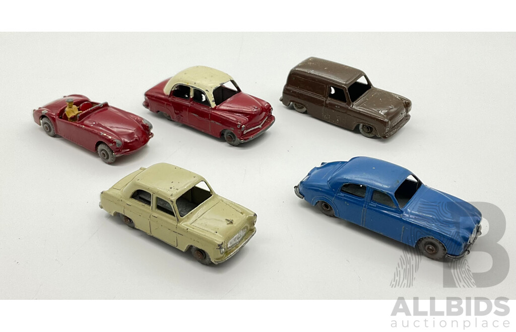 Collection of Five Vintage Lesney Matchbox Vehicles Including Jaguar 3.4 Liter, Ford Thames Van, Ford Prefect, MG A, Vauxhall Cresta