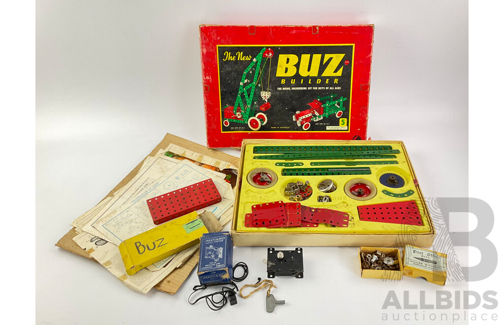 Vintage Buz Builder Set Number Five with Boxed Meccano Magic Clockwork Motor