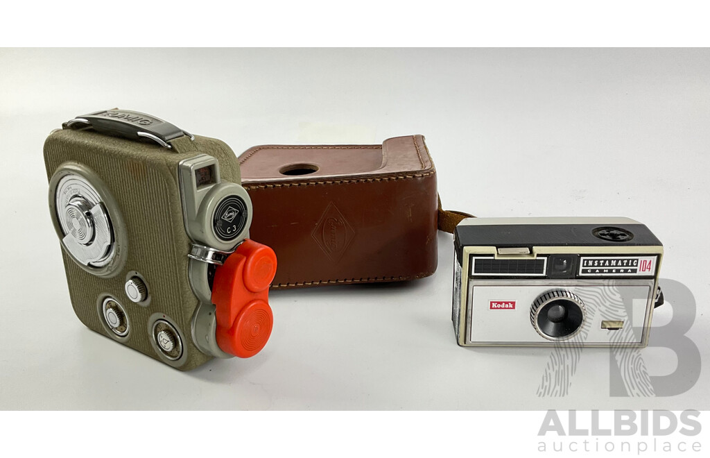 Vintage Kodak 35mm Instamatic 104 Camera and Eumig 8mm Film Camera with Leather Case