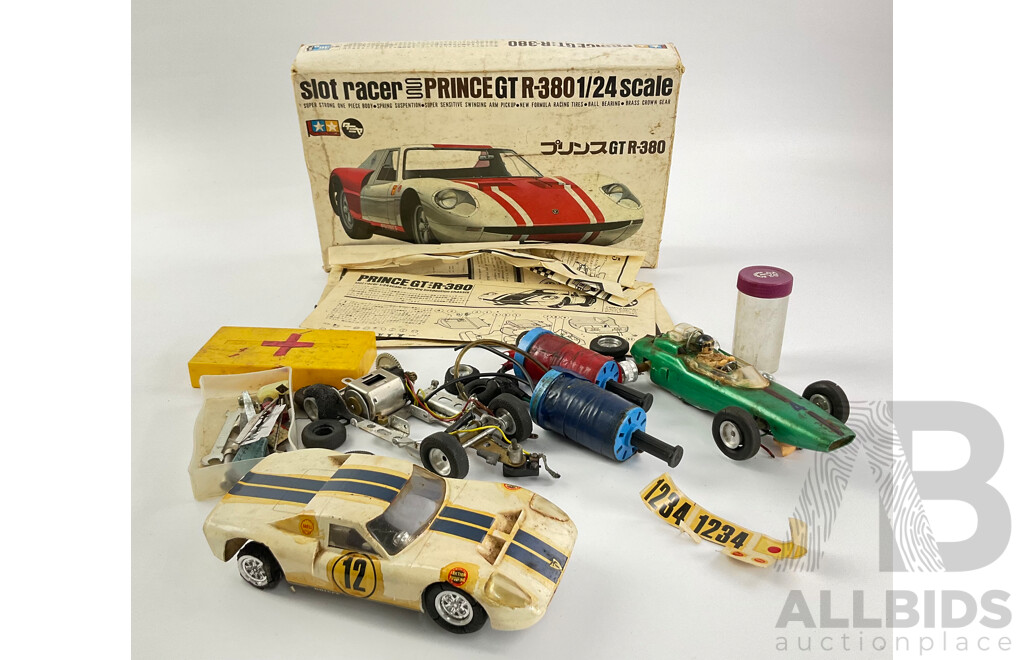 Rare Tamiya Prince GTR-380 1/24 Scale Slot Car with 1960's Formular One and Spare Chassis, Includes Vintage Hand Controllers, Spare Crown Gears, Wheels Etc