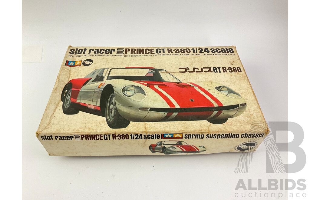 Rare Tamiya Prince GTR-380 1/24 Scale Slot Car with 1960's Formular One and Spare Chassis, Includes Vintage Hand Controllers, Spare Crown Gears, Wheels Etc
