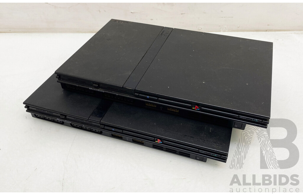 Sony (SCPH-75002) Black PlayStation 2 Slim Console - Lot of Two W/ Controllers/Power Adapters/Memories/Games