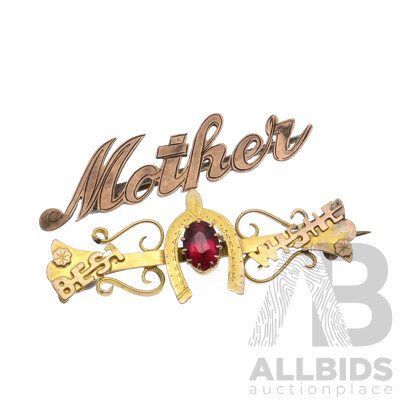 9ct Vintage (2) Brooches - 'Best Wishes' with Red Stone and 'Mother' - Hallmarked, 5.52 Grams